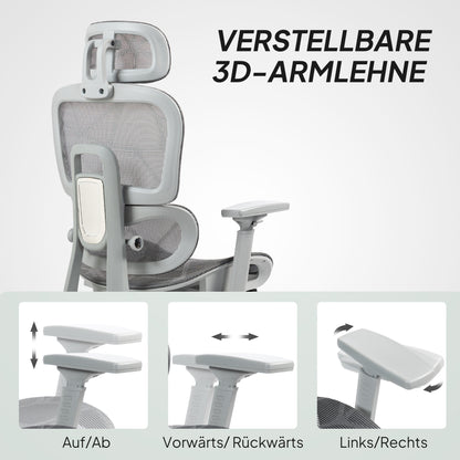 HOMCOM Bürostuhl، Ergonomischer Schreibtischstuhl mit Netzstoffbezug، verstellbar، rollbar، mit Armlehnen، Kopfstütze، Grau