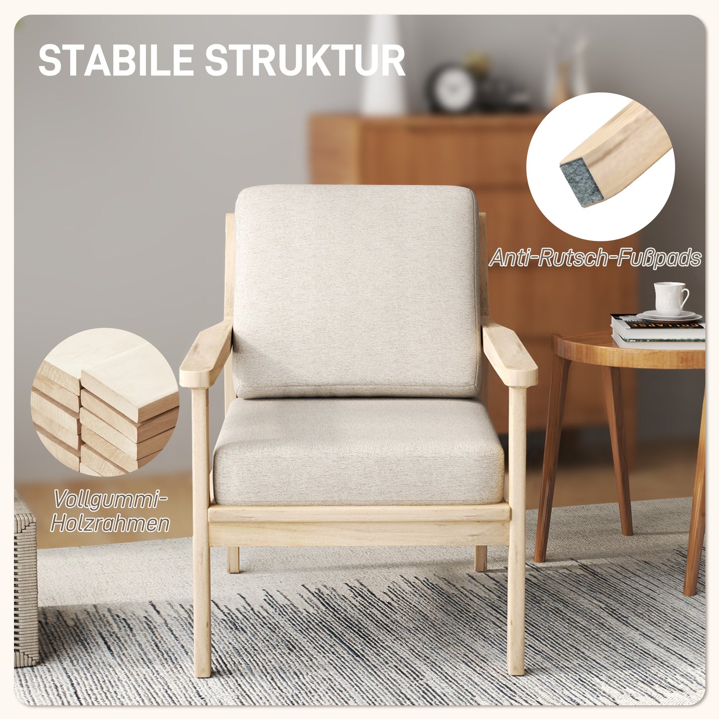 HOMCOM Polsterstuhl mit Armlehnen, solidem Holzrahmen und abnehmbaren Kissen, für Wohnzimmer, Schlafzimmer, Beige