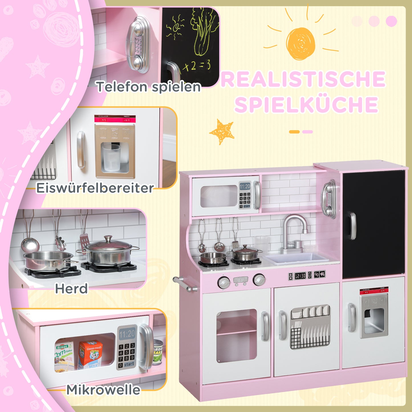 AIYAPLAY Spielküchen-Set mit Töpfen, Tafel, Telefon, Eismaschine, Herd, 83,8 x 26,8 x 81 cm, Pink