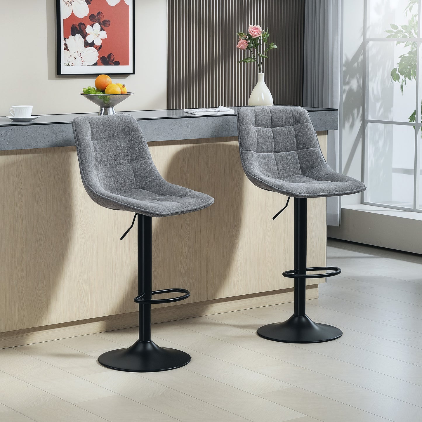 HOMCOM Moderner Barhocker, 2er-Set drehbare Barstühle mit Rückenlehne, höhenverstellbar, mit Fußstütze, gepolstert, Dunkelgrau