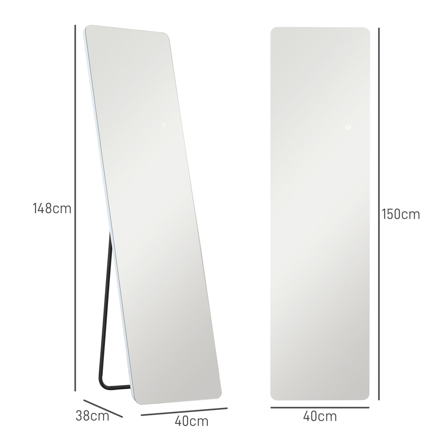 HOMCOM LED Ganzkörperspiegel, Touch-Steuerung, dimmbar, rahmenlos, 40 x 150 cm