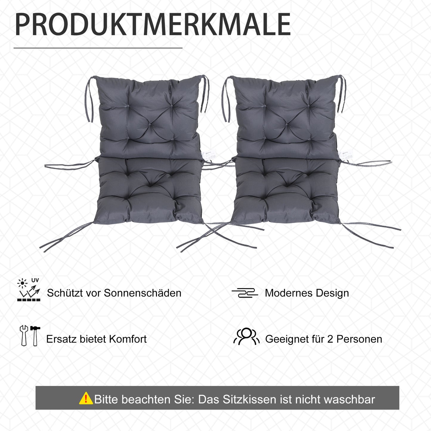 Outsunny 2er-Set Sitzkissen, 98cm x 50cm x 8cm Stuhlkissen mit Bänder, Polsterauflage, waschbar/Ergonomische Sitzpolster für Haus, Garten, Sofa, Grau