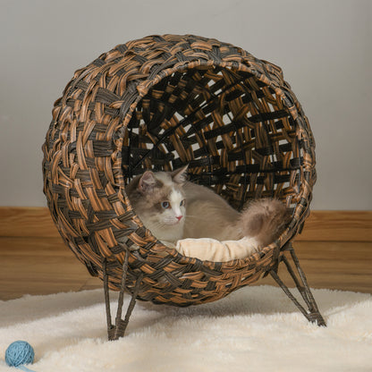 PawHut Katzenhaus aus Rattan mit Kissen Katzenschlafplatz Katzenhöhle mit erhöhten Füßen Braun Ø52 x 58 سم