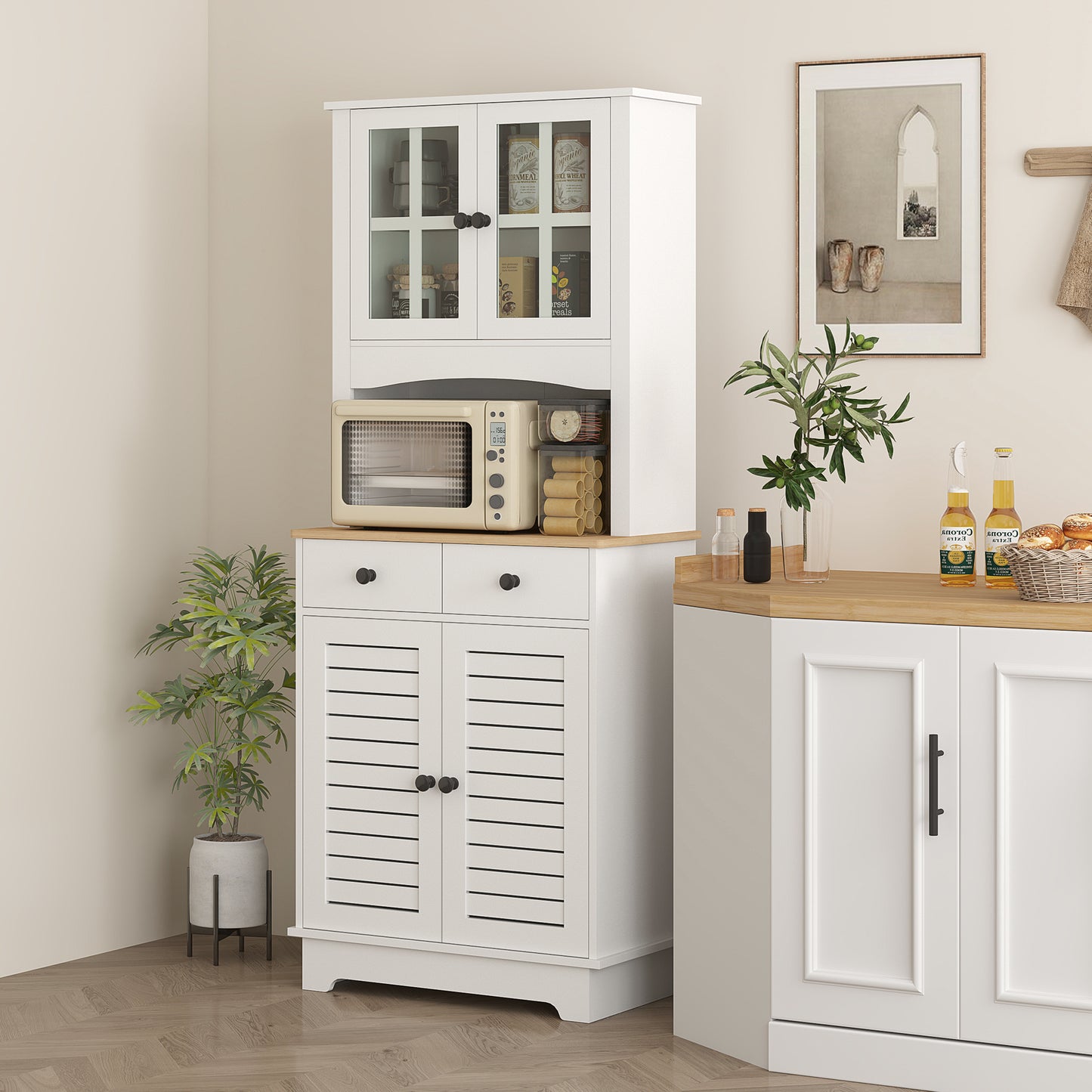 HOMCOM Küchenschrank mit Glastüren, 2 Schubladen, Geschirrschrank, Esszimmerschrank, Holz, 68 x 39,5 x 170 cm, Weiß