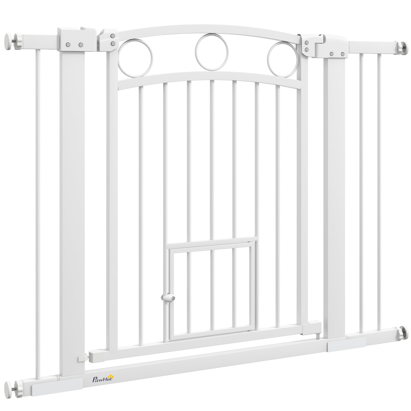 PawHut Haustiertor, 77 cm Treppengatter, verstellbare Breite 76-104 cm, mit Katzentür, für Treppen und Türöffnungen, Weiß