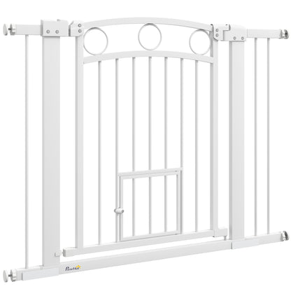 PawHut Haustiertor, 77 cm Treppengatter, verstellbare Breite 76-104 cm, mit Katzentür, für Treppen und Türöffnungen, Weiß