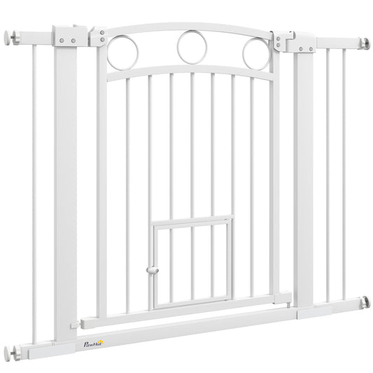PawHut Haustiertor, 77 cm Treppengatter, verstellbare Breite 76-104 cm, mit Katzentür, für Treppen und Türöffnungen, Weiß