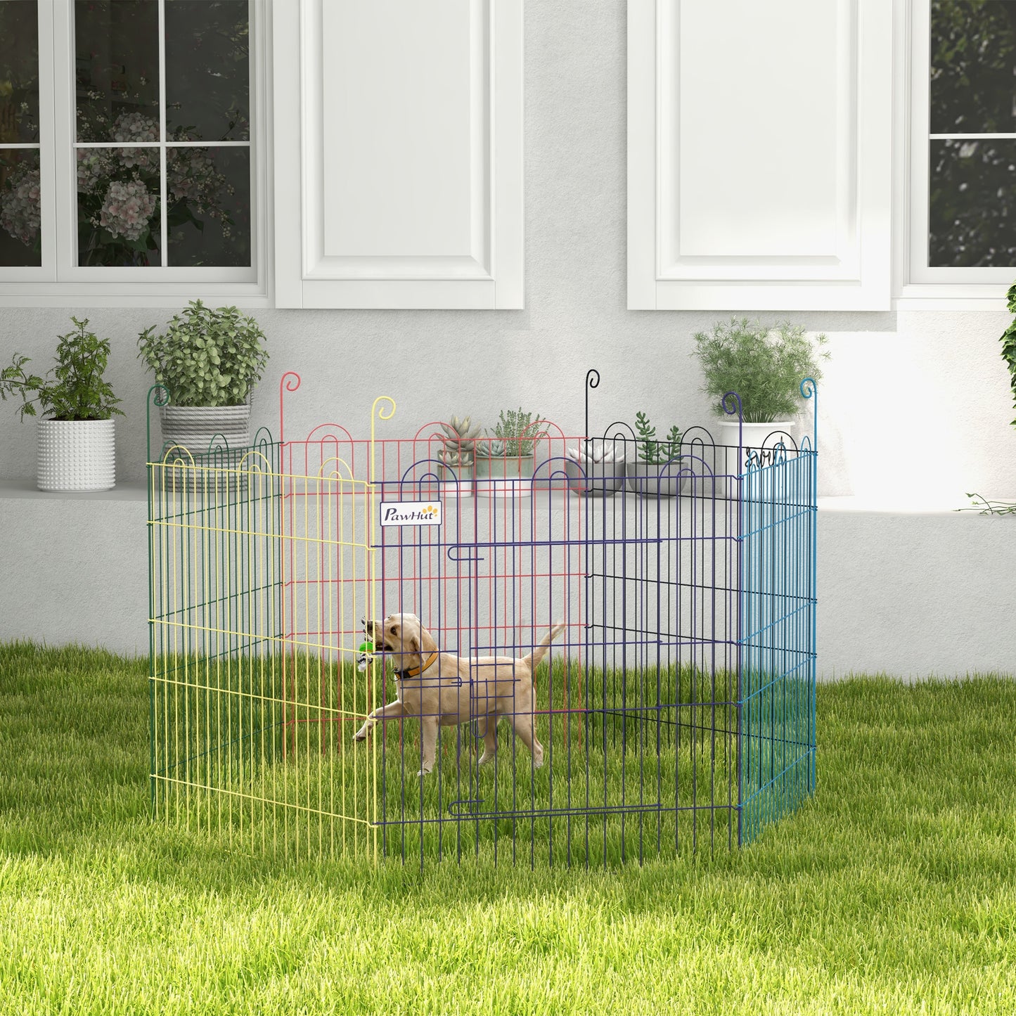 PawHut Freilaufgehege, Welpenauslauf, modulares Design, verriegelbar, Metall, Ø120x60H cm, Bunt