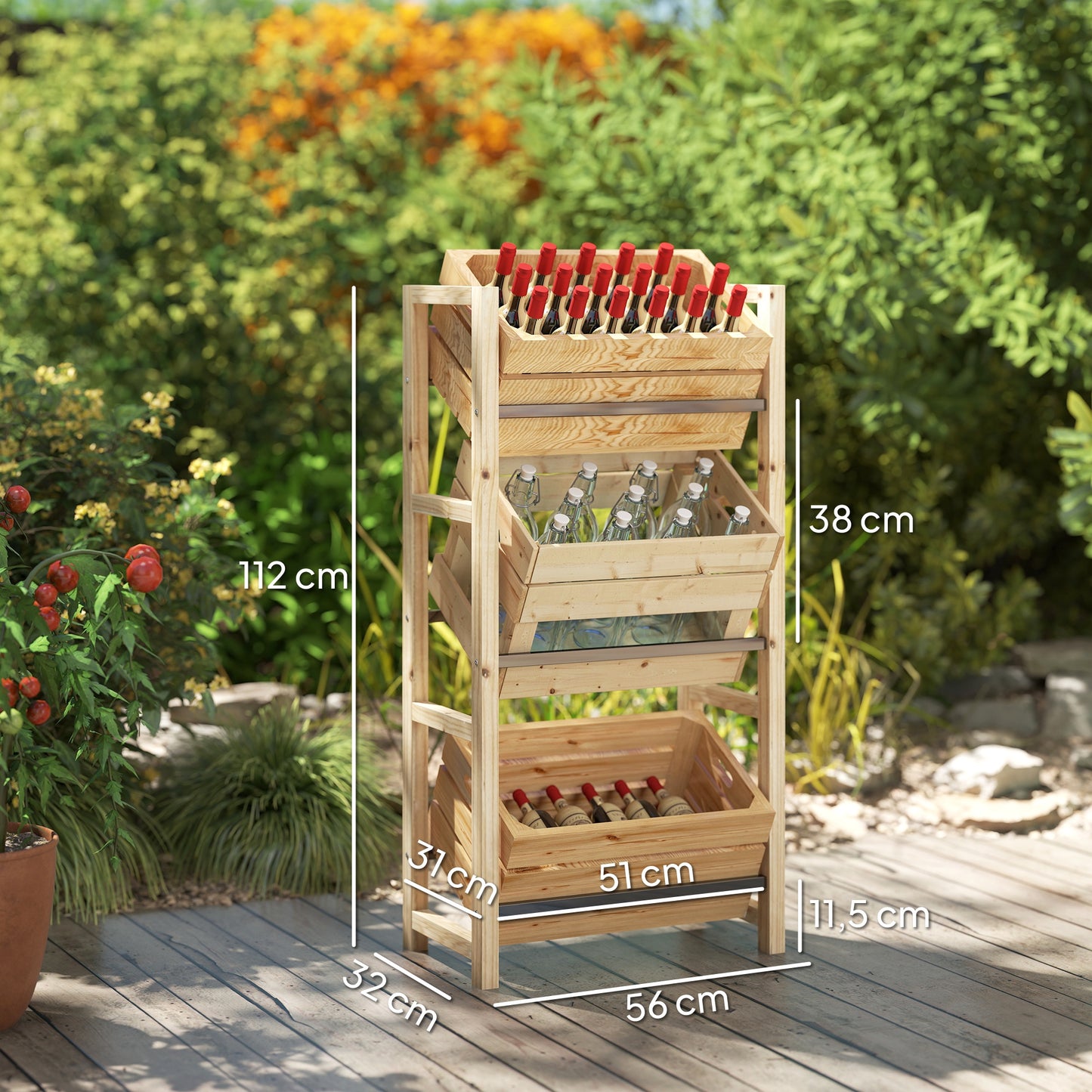Outsunny Getränkekistenregal für 3 Getränkekisten Getränkeregal Holz Kistenregal mit 3 Ebenen 56 x 32 x 112 cm Naturholz