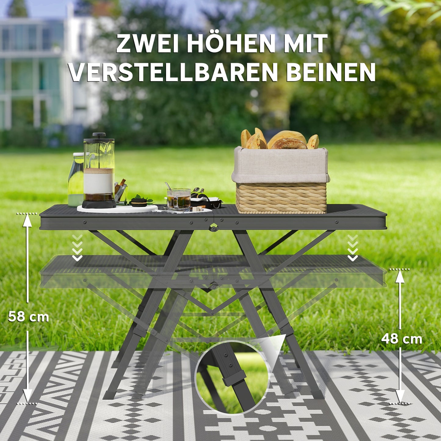 Outsunny Campingtisch höhenverstellbar Klapptisch mit Metallgitter Klappbar aus Aluminium