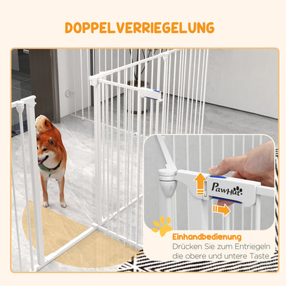 PawHut 2-in-1 Welpenauslauf und Absperrgitter, 8 Paneele, verriegelbare Tür, Stahl, 90 cm Höhe, weiß