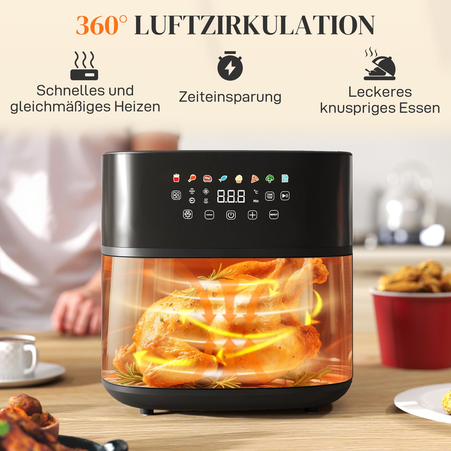 HOMCOM Heißluftfritteuse، مقلاة هوائية، 8 برامج، 8 لتر، شاشة LED، أسود