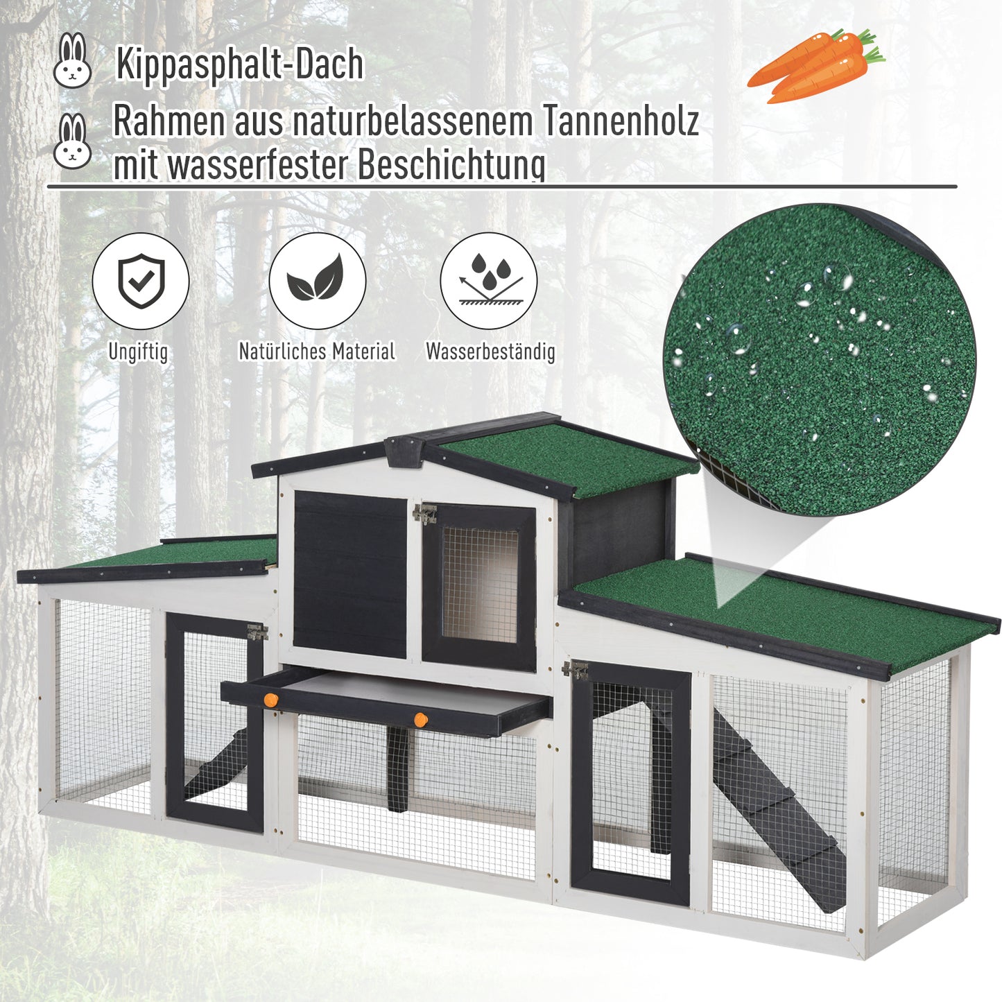 PawHut Kleintierstall mit 2 Freigehegen wetterbeständig Tannenholz Weiß + Grün