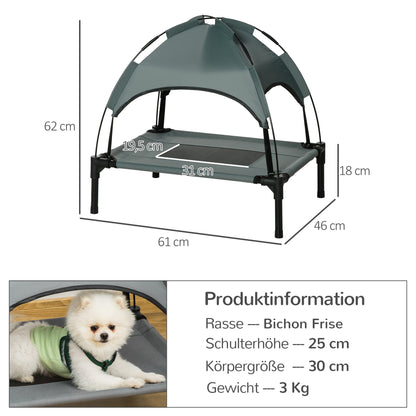 PawHut Erhöhtes Hundebett mit Baldachin, Haustierbett, Hundeliege outdoor mit Dach, Atmungsaktiv, Taftstoff für Camping Grau 61 x 46 x 62 cm