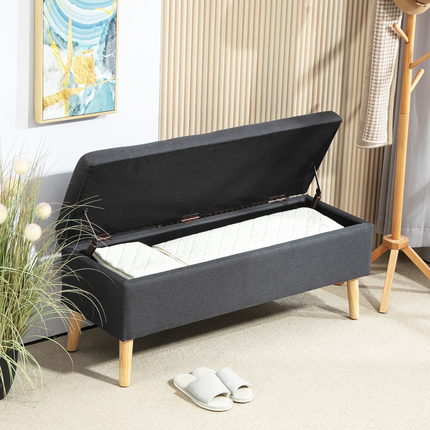 HOMCOM Polsterbank mit Stauraum, Bettbank in Leinenoptik, Kautschukholz, 110 x 39 x 45 cm, Dunkelgrau