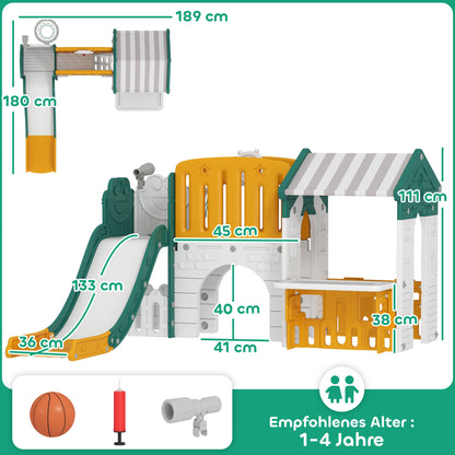 AIYAPLAY 7-in-1 Kinderrutsche, Indoor-Spielplatz, Klettergerüst, Haus, Tafel, Basketballkorb, 1-4 Jahre, Kunststoff, Gelb+Grün