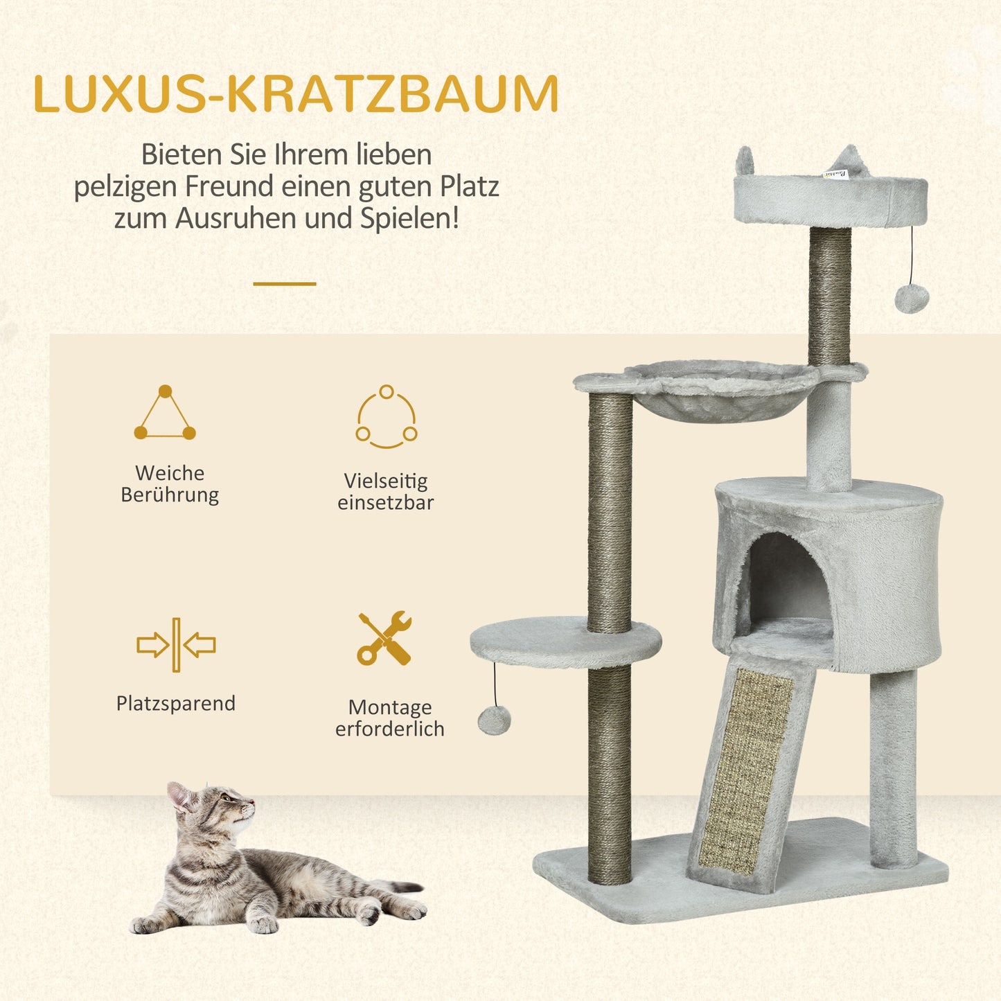Pawhut Kratzbaum inkl. Katzenhöhle, Katzenbett, Katzenhängematte und Spielzeug 60 cm x 40 cm x 113 cm, Hellgrau