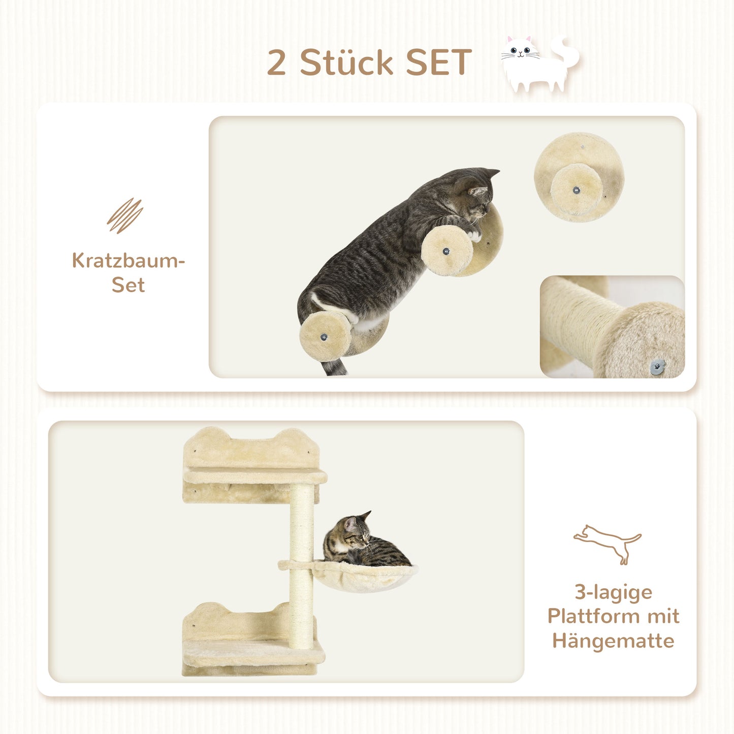PawHut Kletterstufen, Kletterwand, Katzentreppe, 4-tlg. Set, mit Kratzbaum, Hängematte, beige+cremeweiß, 40 x 28 x 73cm