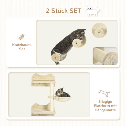 PawHut Kletterstufen, Kletterwand, Katzentreppe, 4-tlg. Set, mit Kratzbaum, Hängematte, beige+cremeweiß, 40 x 28 x 73cm