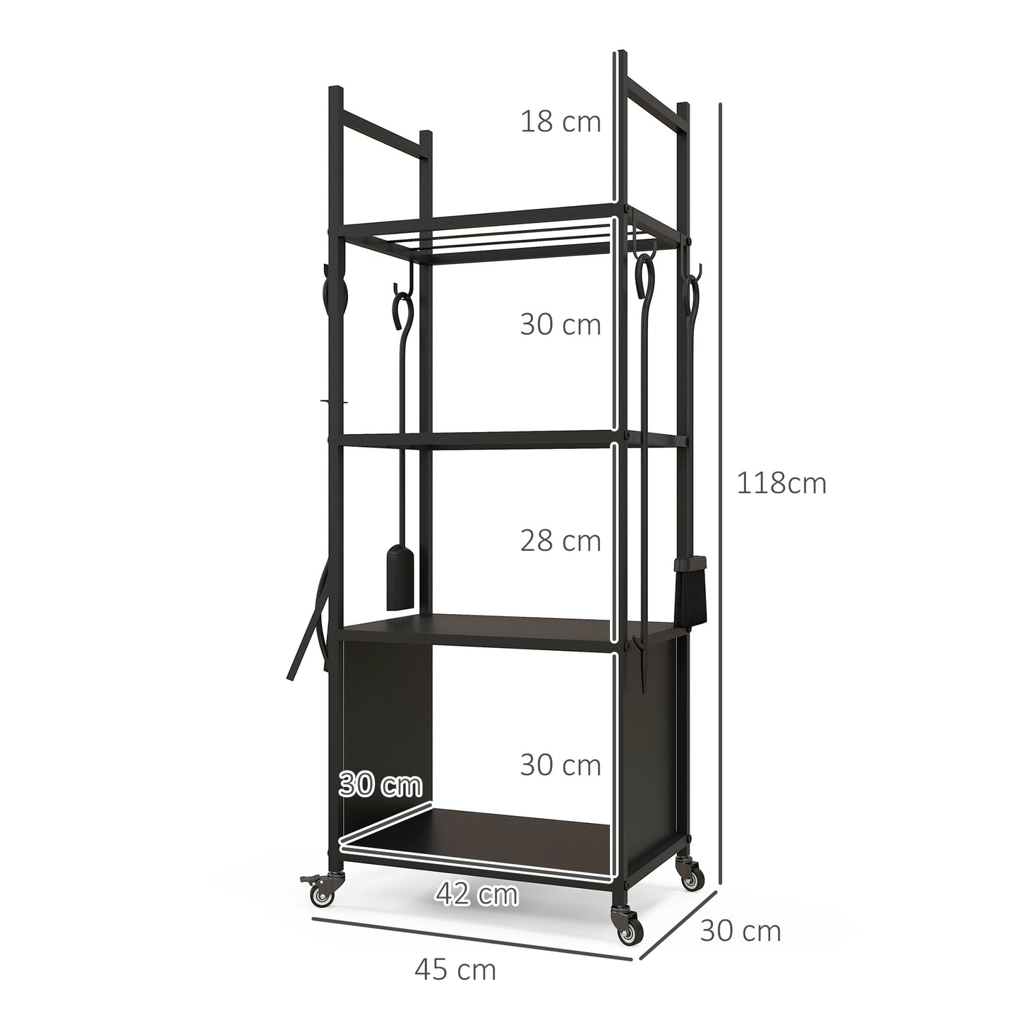 Outsunny 4-Ebenen-Feuerholzregal mit Rädern und 4 Werkzeugen، Brennholzregal aus Metall für den Innen- und Außenbereich، شوارتز