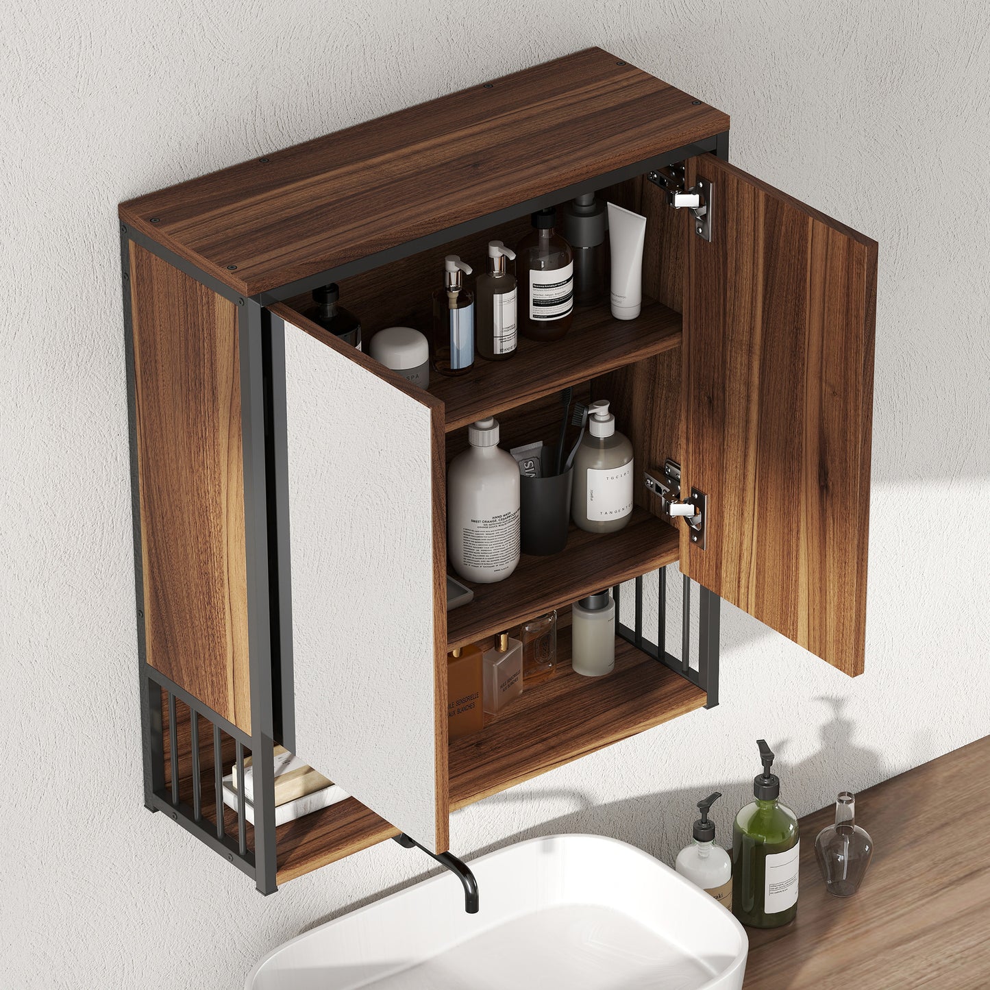 HOMCOM Hängender Spiegelschrank für Badezimmer, Badschrank aus MDF, Spanplatte, Braun