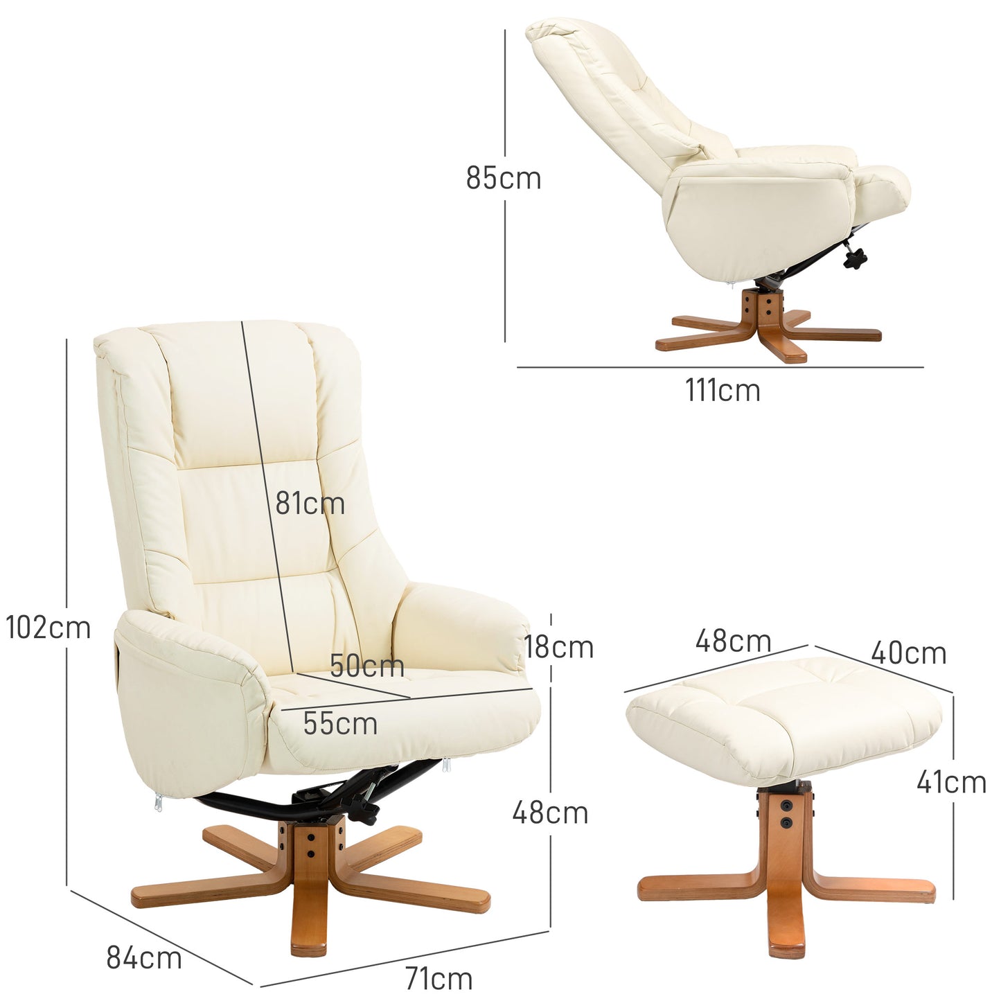 HOMCOM Relaxsessel mit Hocker, Liegefunktion, Kunstlederbezug, bis 150 kg, 71 x 84 x 102 cm, Cremeweiß