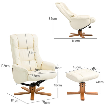 HOMCOM Relaxsessel mit Hocker, Liegefunktion, Kunstlederbezug, bis 150 kg, 71 x 84 x 102 cm, Cremeweiß