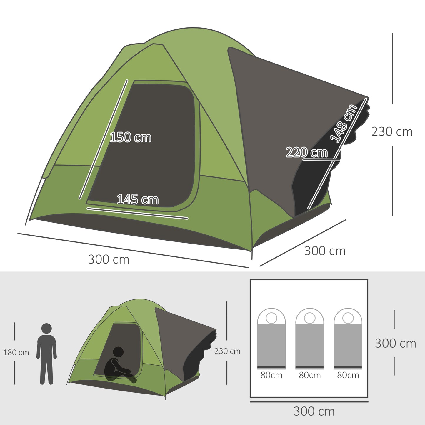 Outsunny Autozelt, Campingzelt, Reisezelt, für 4-5 Personen, Glasfaser Polyester, Grün, 300 x 300 x 230 cm