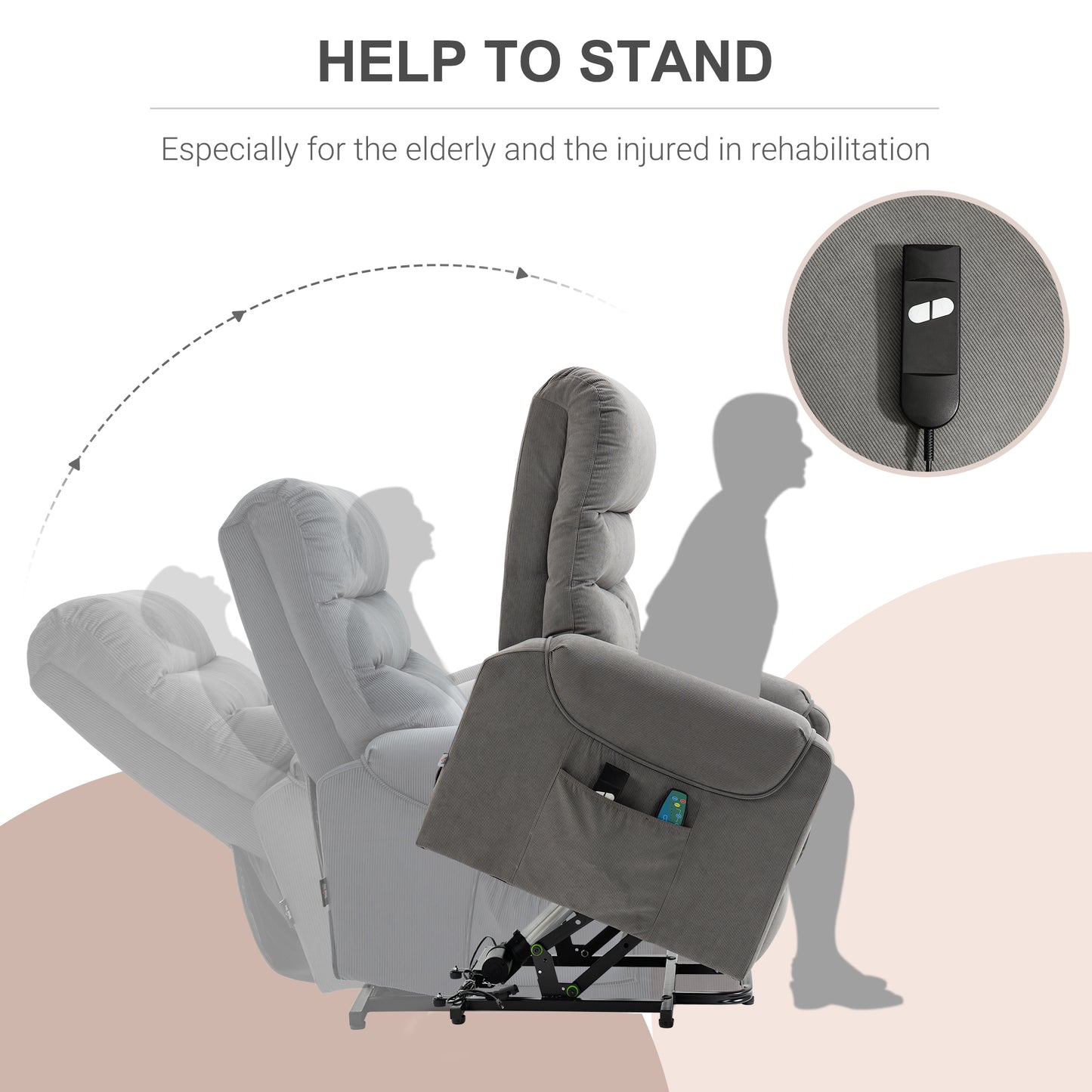 HOMCOM Fernsehsessel mit Aufstehhilfe Elektrisch, Massagesessel mit Liegefunktion und Wärmefunktion, Relaxsessel mit Fernbedienung und Seitentasche Verstellbar Polyester-Gewebe Dunkelgrau