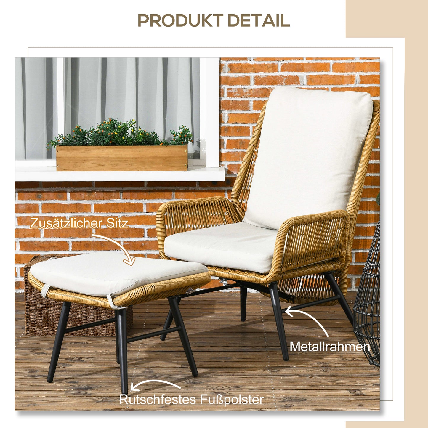 Outsunny Polyrattan Gartenstuhl und Hocker, verstellbare Lehne, Hellbraun/Grau/Schwarz