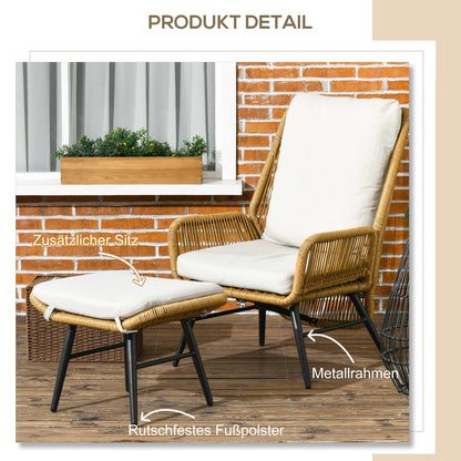 Outsunny Polyrattan Gartenstuhl und Hocker, verstellbare Lehne, Hellbraun/Grau/Schwarz