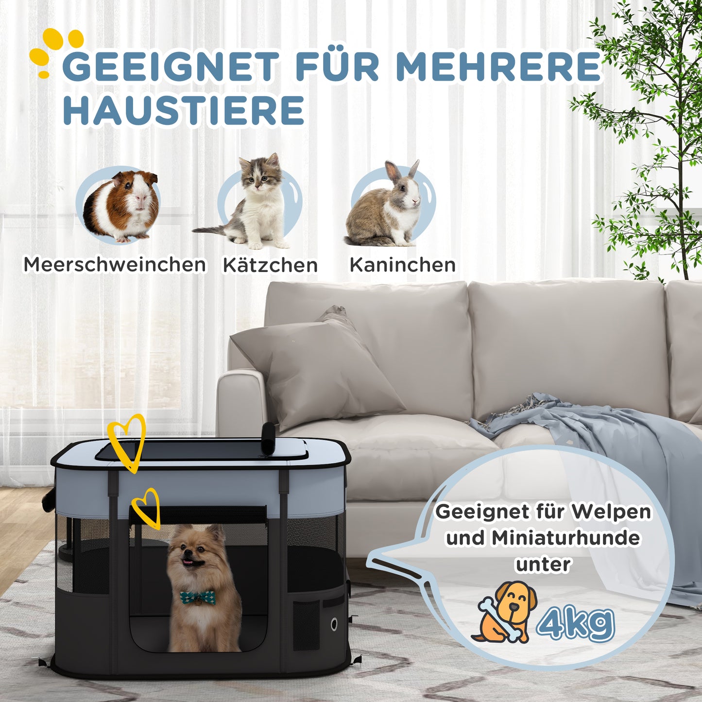 PawHut Spiegehege für Haustiere, faltbar, mit Aufbewahrungstasche, for Welpen und Kätzchen, drinnen und draußen, غراو