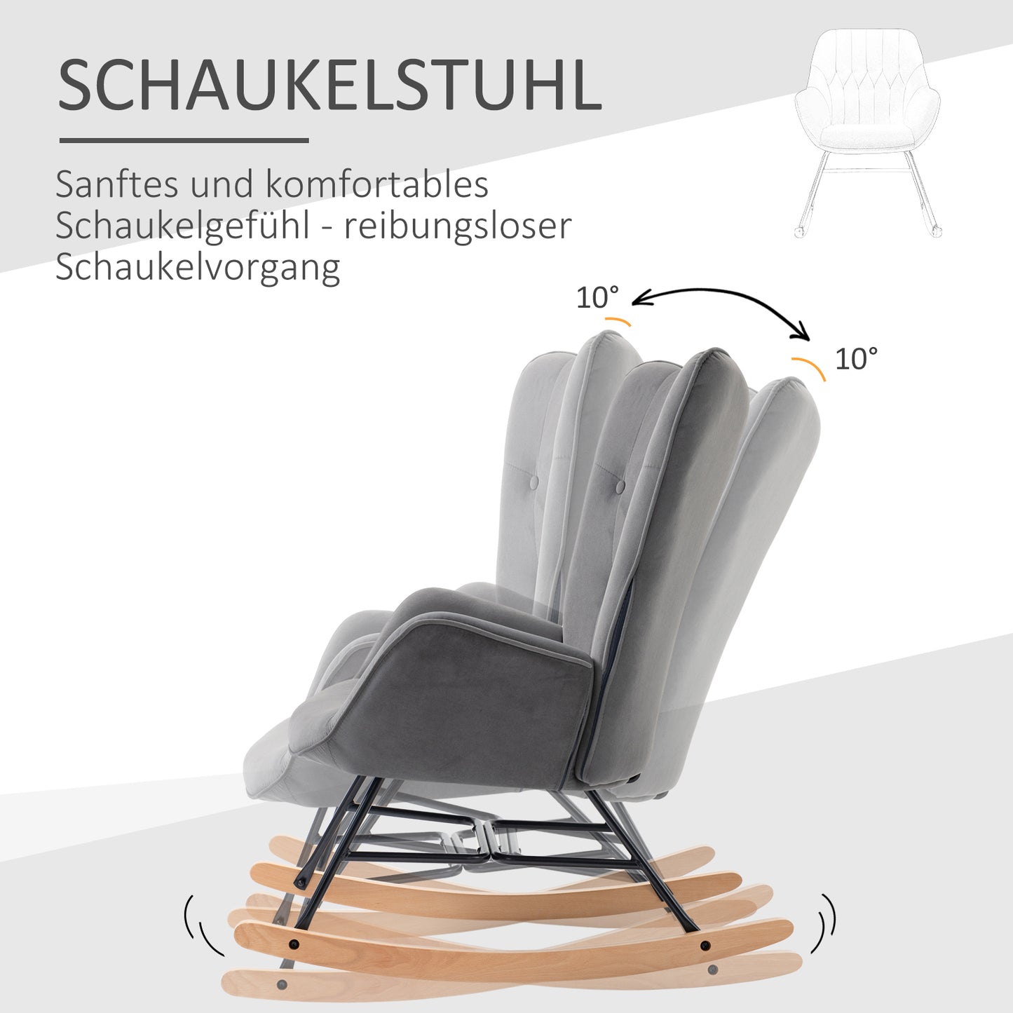 HOMCOM Schaukelstuhl mit Steppung, Holzkufen, Samtoptik, bis 150 kg, Dunkelgrau