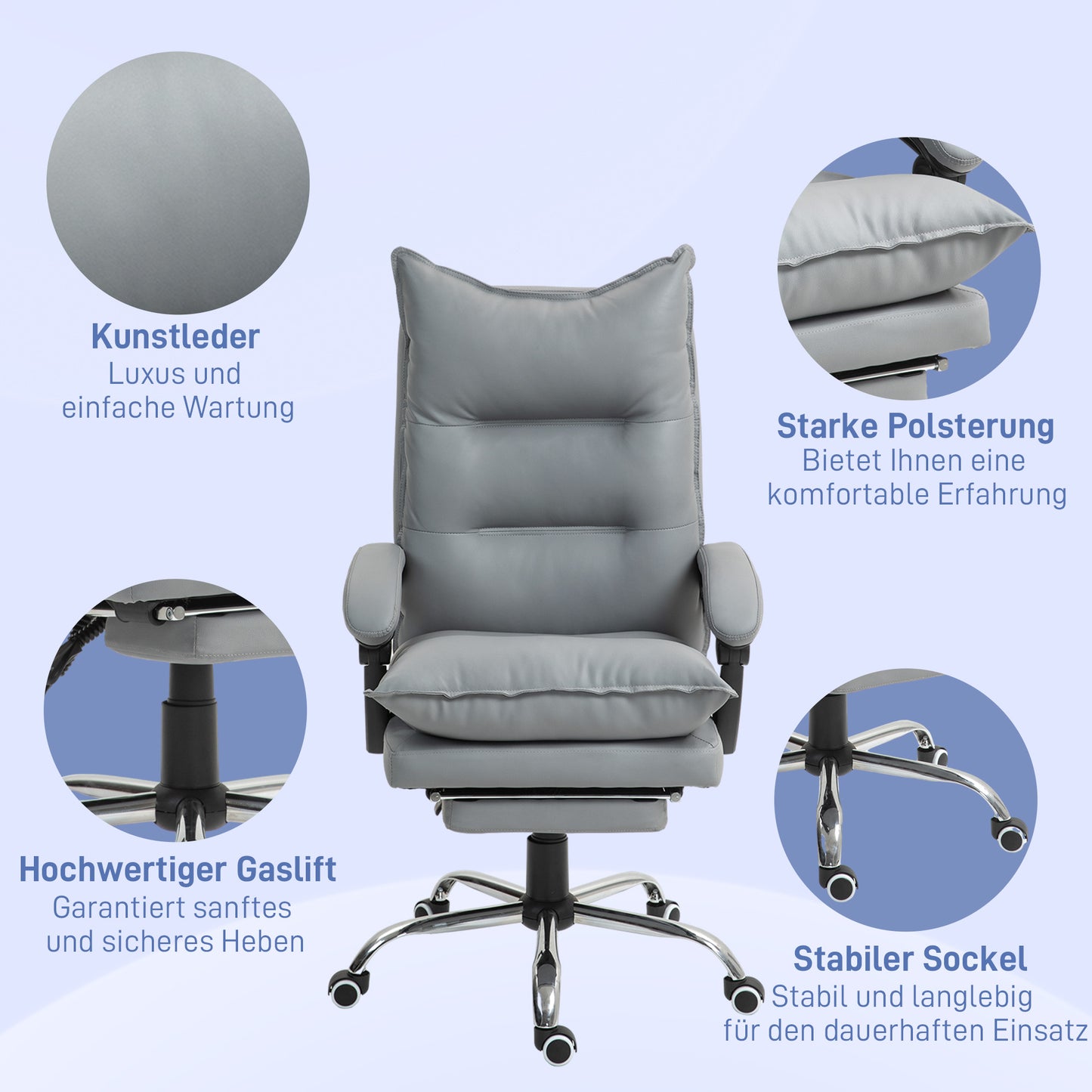 Vinsetto Ergonomischer Bürostuhl, verstellbare Sitzhöhe, neigbare Rückenlehne, Kunstleder, Hellgrau