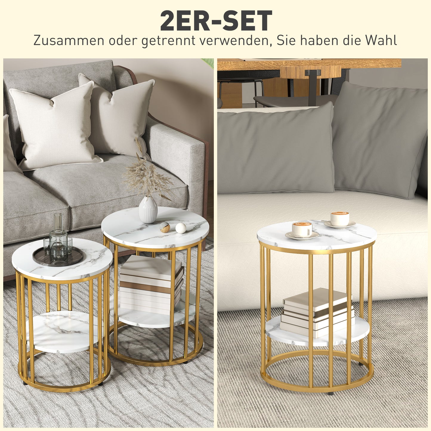 HOMCOM Runder Beistelltisch im 2er-Set, Couchtische in Marmoroptik mit offenem Stauraum und Metallrahmen