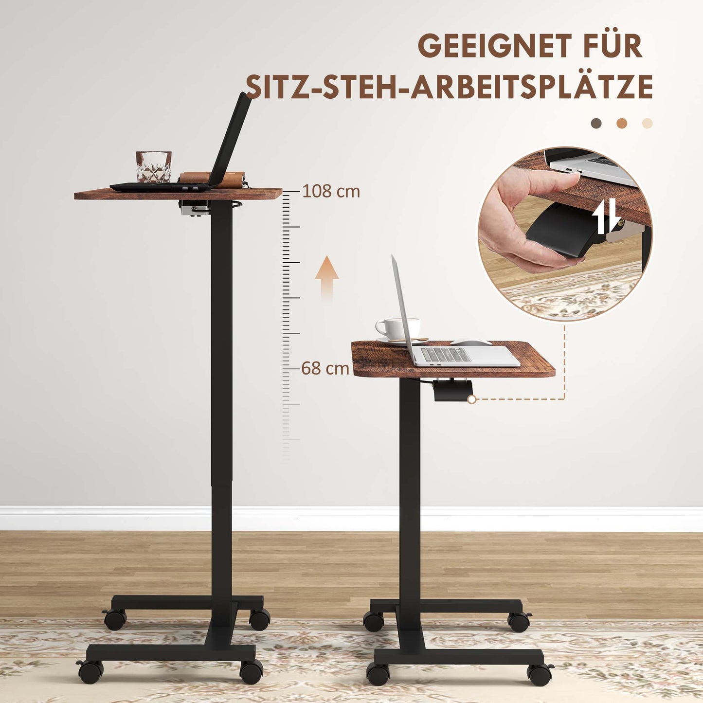 Vinsetto Stehpult Stehtisch, Laptoptisch, höhenverstellbar, 4 Rollen, 65 cm x 48 cm x 108 cm, Braun + Schwarz