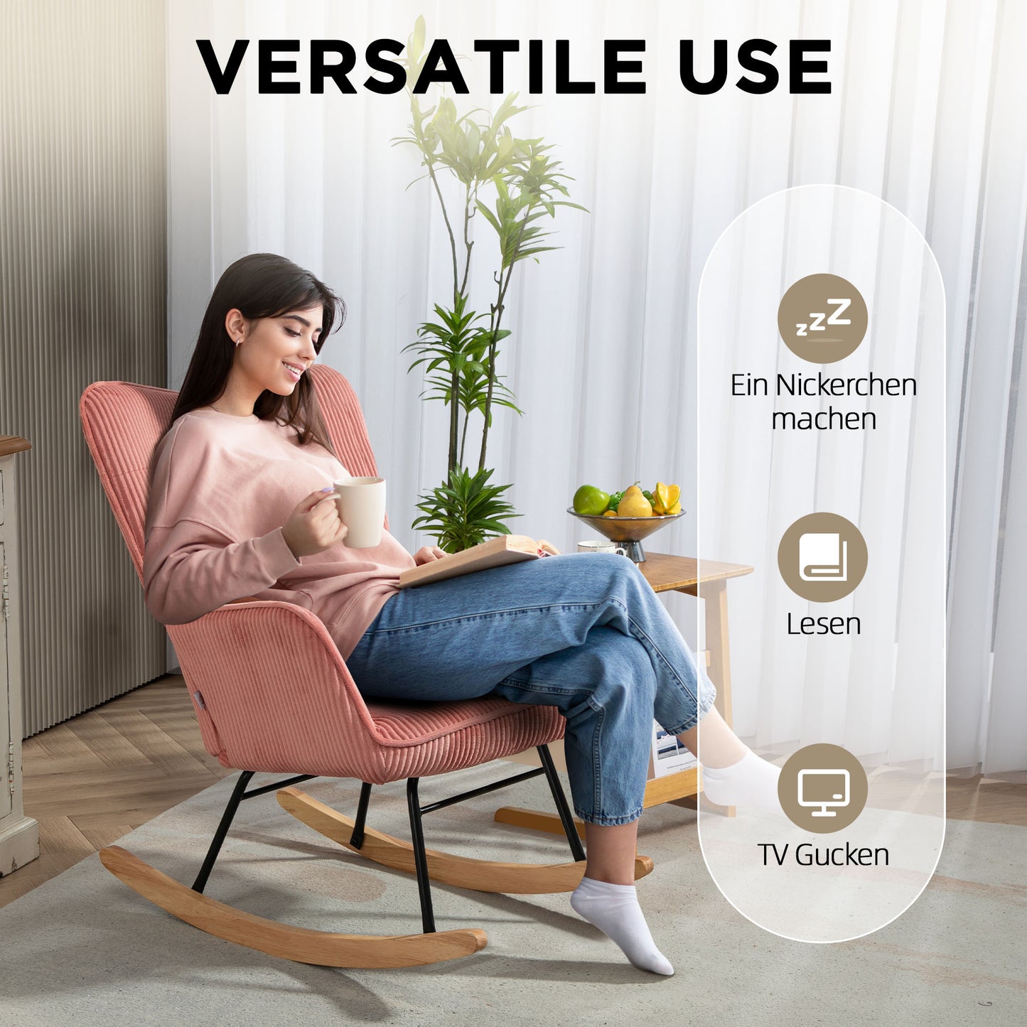 HOMCOM Schaukelstuhl, Relaxsessel, Schaukelsessel, belastbar bis 120 kg, Polyester, 98 x 71 x 101 cm, Rosa