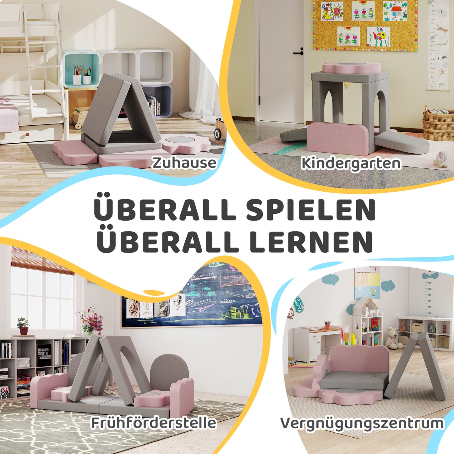 AIYAPLAY 12-teiliges Set Schaumstoffblöcke zum Klettern, Bauen, Krabbeln, Indoor-Spielmatten mit Cordbezug, Grau+Rosa