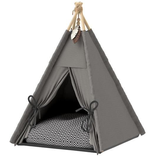 PawHut Tipi-Zelt für Haustiere, Tierbett im Tipi-Design, Katzenzelt mit Kissen, Hundebett zum Schlafen, Katzenbett, Grau