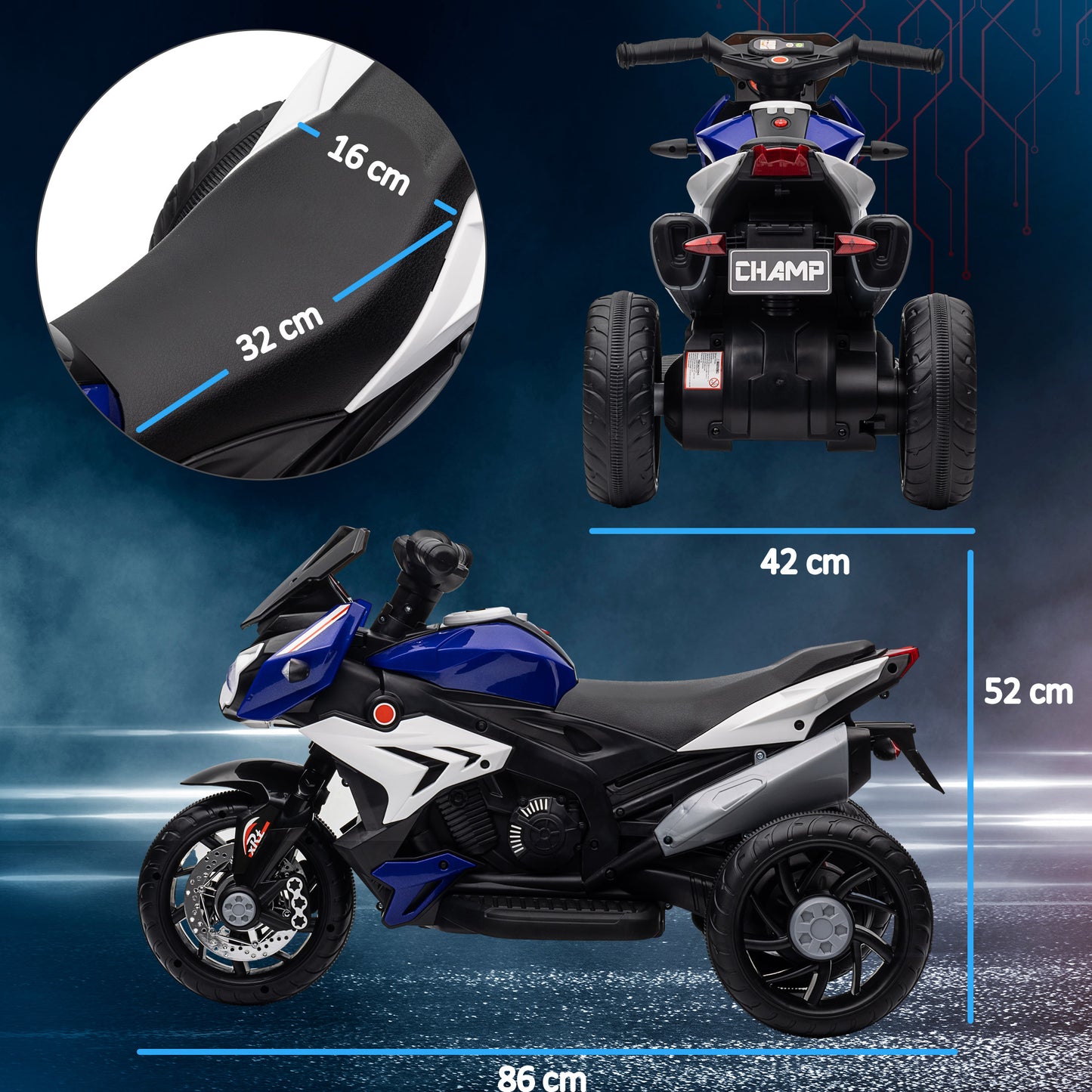 HOMCOM Elektro-Kindermotorrad, Lichter & Geräusche, 3 km/h, wiederaufladbar, Kunststoff & Metall, Blau/Weiß