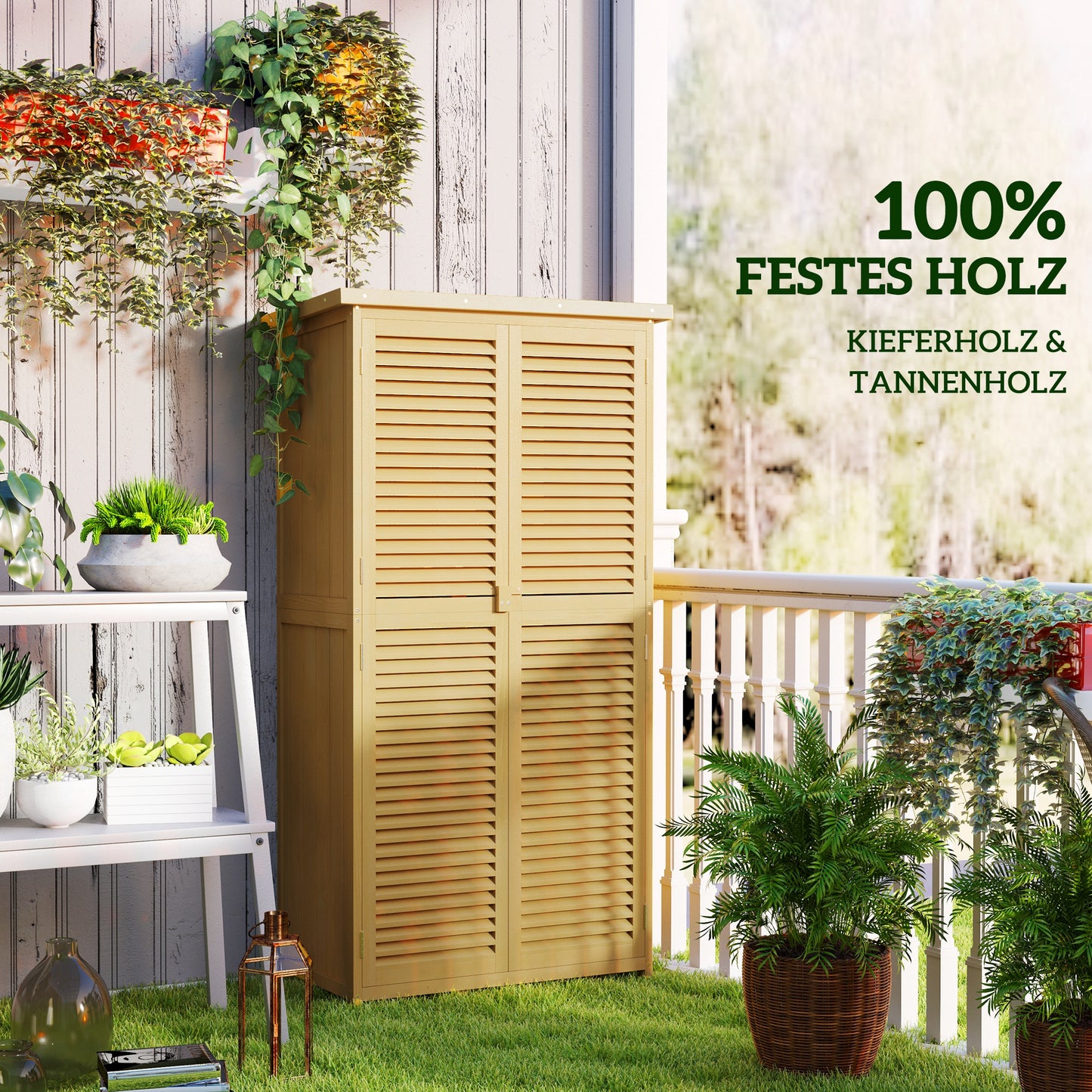 Outsunny Gartenkommode wetterfest, 2 Türen mit Schloss, Kiefernholz, 87L x 46,5B x 160H cm, Hellgelb