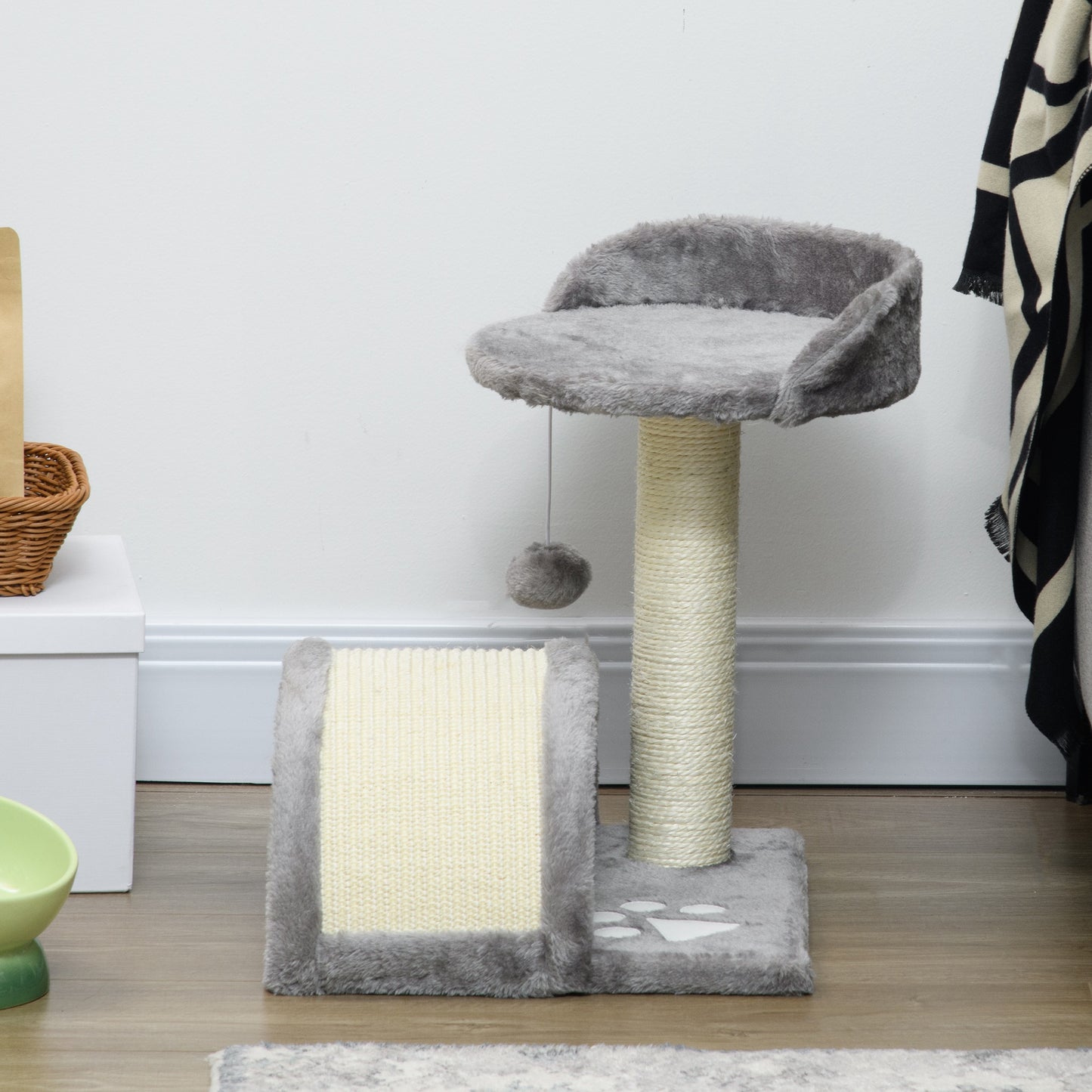PawHut Kratzbaum 46 cm Kleiner Katzenturm mit Höhle, Spielball, Sisal-Seil, erhöhter Plattform, Katzenkratzbaum, Kletterbaum, für Katzen bis zu 4 kg, Grau