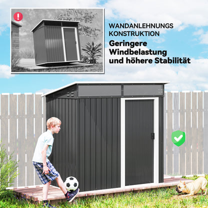 Outsunny Gartenschuppen, Geräteschuppen mit Fenstern, Lüftungsöffnungen, Schiebetür, wasserdichter Stahl, wetterfest, Dunkelgrau