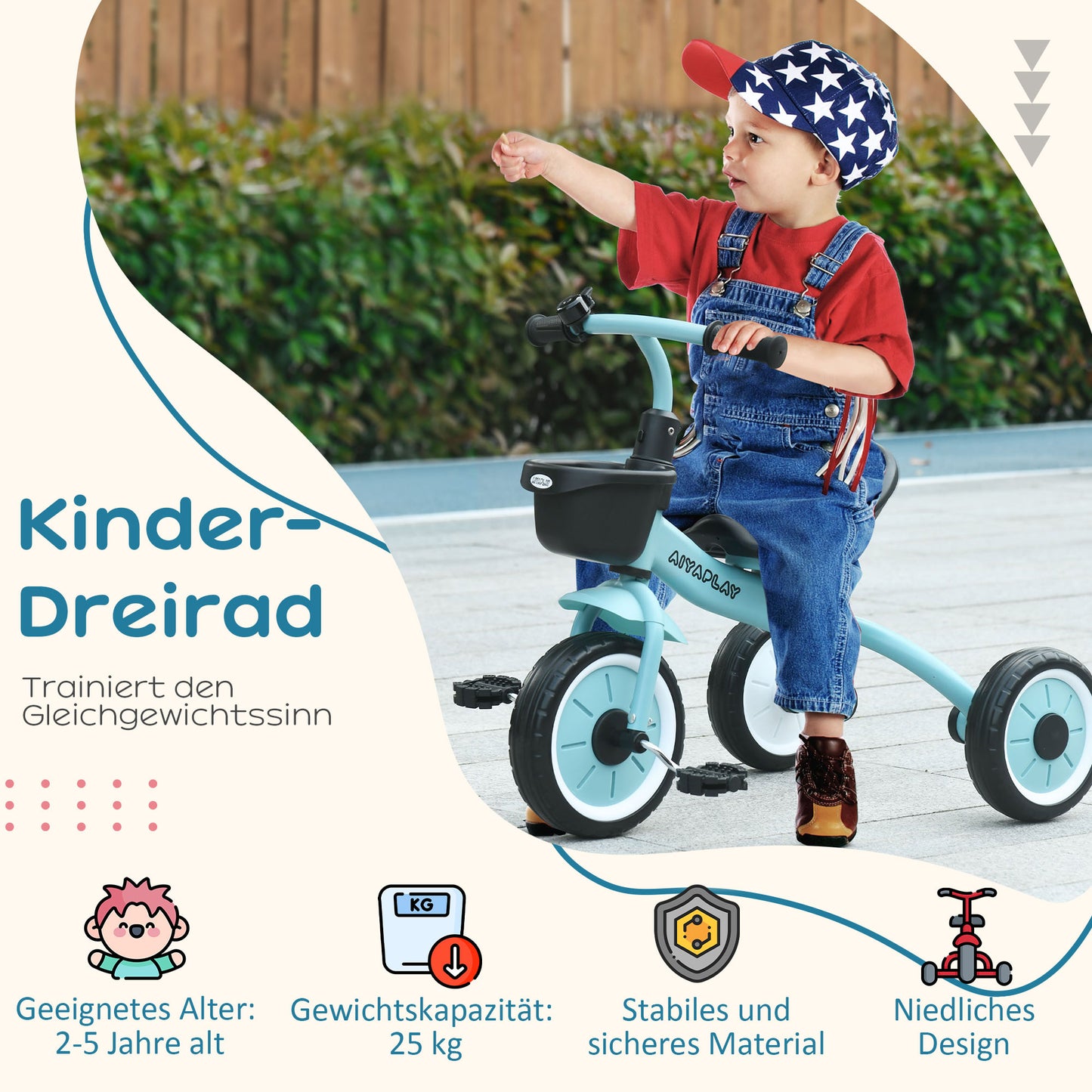 AIYAPLAY Dreirad für Kinder 2-5 Jahre, höhenverstellbarer Sitz, Klingel, Fahrradkorb, Metallrahmen, blau