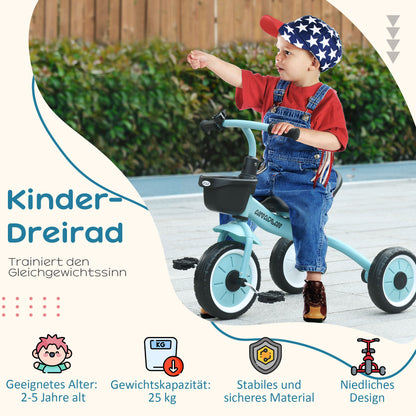 AIYAPLAY Dreirad für Kinder 2-5 Jahre, höhenverstellbarer Sitz, Klingel, Fahrradkorb, Metallrahmen, blau