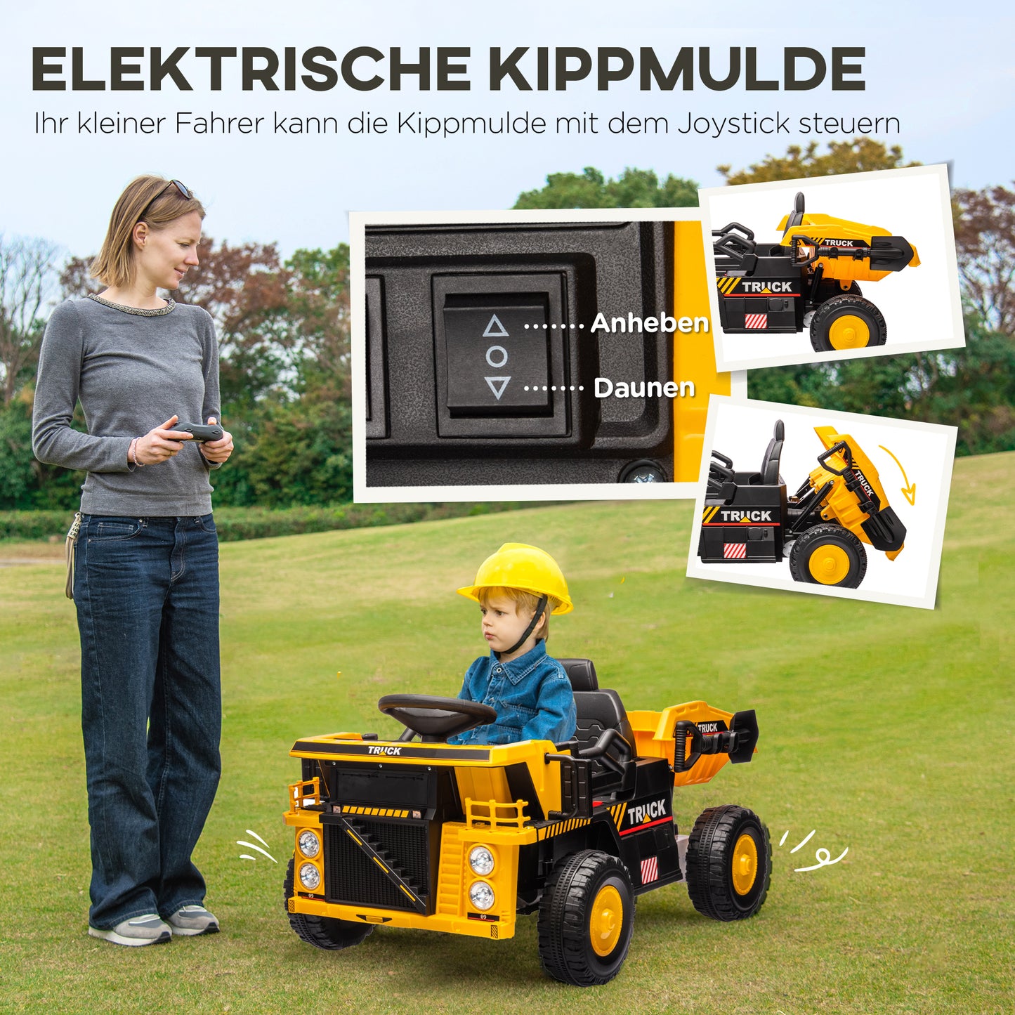 AIYAPLAY Elektro-Kipplaster, 3-6 km/h, Rutschauto, kippbare Ladefläche, Licht & Musik, für 3-5 Jahre