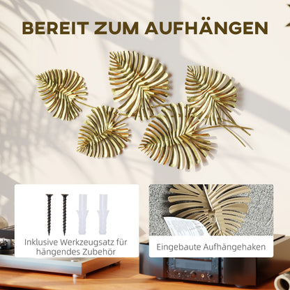 HOMCOM Wanddekor-Set aus Metall, lackierte Oberfläche, Blatt-Form, Goldfarben