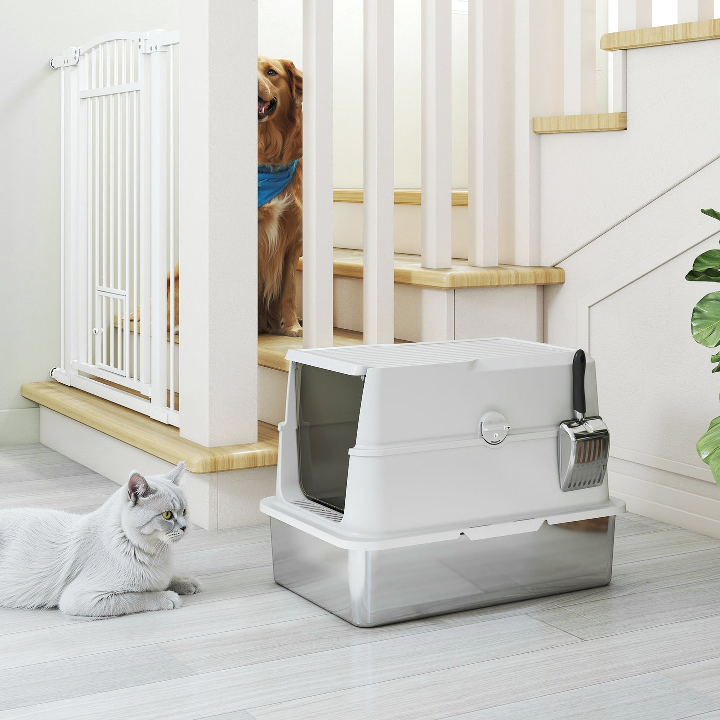 PawHut Katzentoilette, Edelstahl, XL-Innenraum, mit Schaufel, Hellgrau