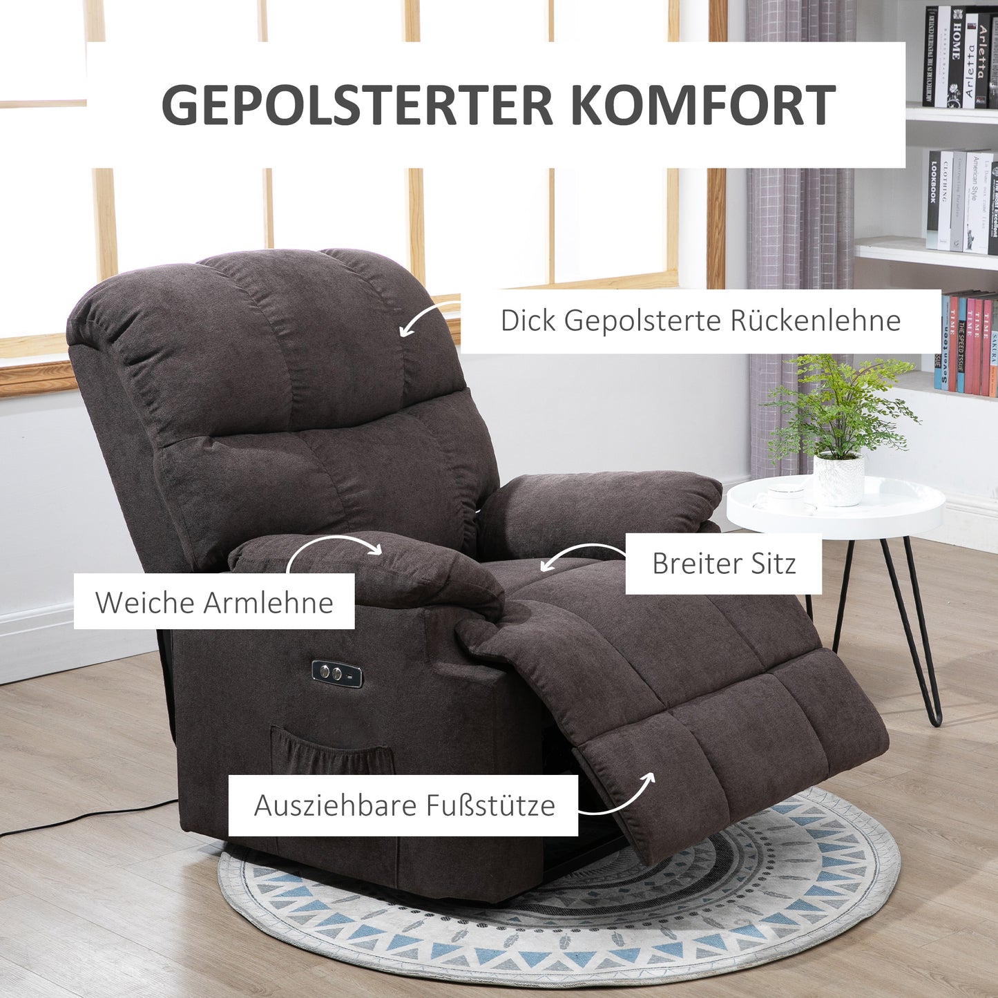 HOMCOM Relaxsessel, Neigbarer Aufstehsessel, verstellbar, mit USB-Anschluss, Seitentasche, Fußablage, Schaumstoff, Braun