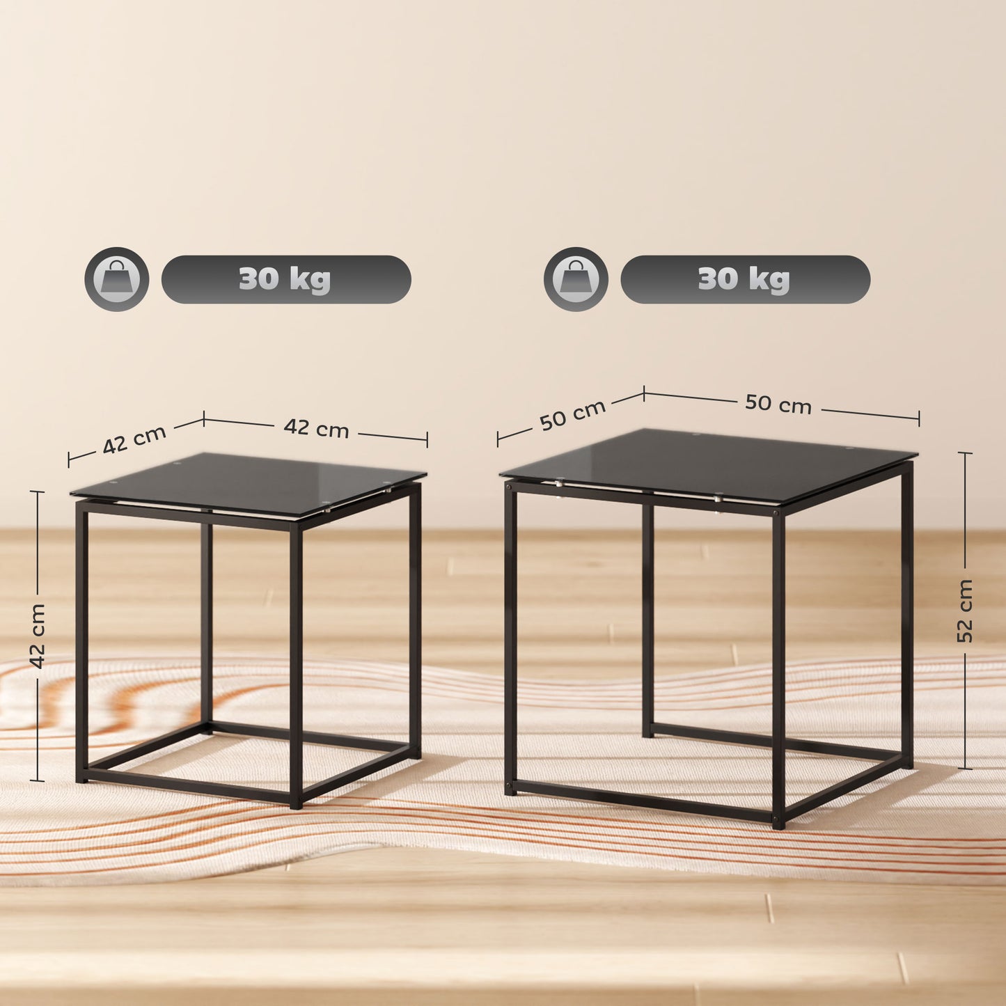 HOMCOM 2er-Set Beistelltische, modernes Design, stapelbar, Glastisch, Schwarz